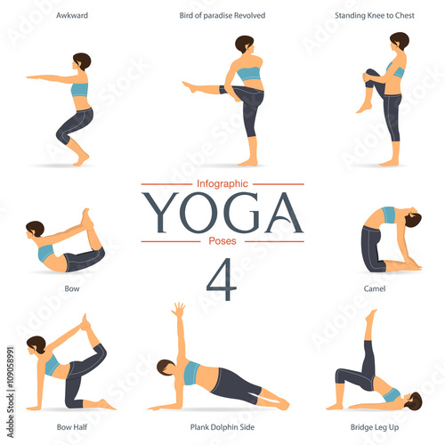 Set of yoga poses in flat design . Yoga infographics. Vector Illustration.