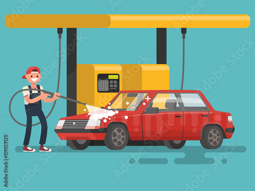 Worker washing a car at the car wash. Vector illustration