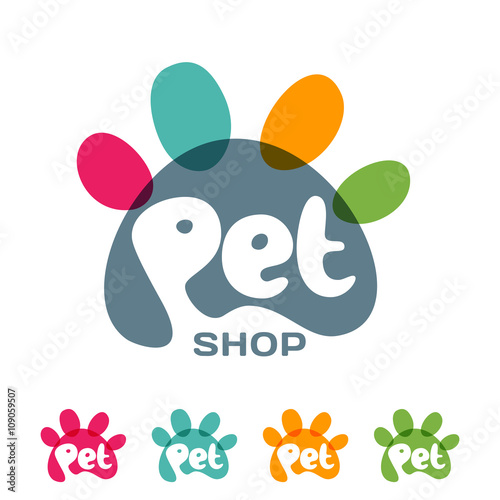 Vector logo, emblem, label design elements for pet shop, zoo shop, pets care and goods for animals. Hand drawn lettering in paw shape. Pet store signboard concept with.

