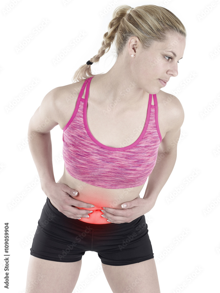 Stomachache pain, touching with bought hand, isolated. Stomachache pain, touching with bought hand, isolated.