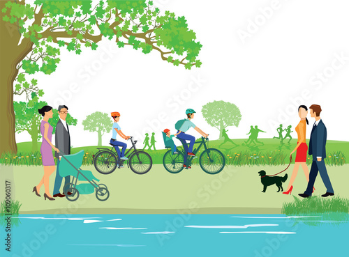 Spaziergänger und Familien im Park