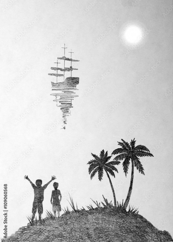 two boys on an island with palm trees