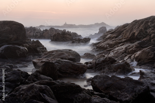 Rocky beach at dusk