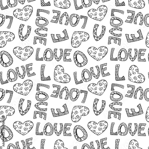 seamless background of the word love words and a heart with a beautiful ornament