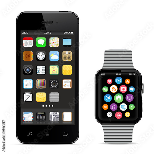 Black smartphone with smart watch. Vector illustration.