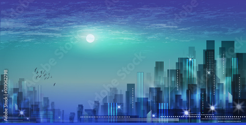 City landscape at night in moonlight