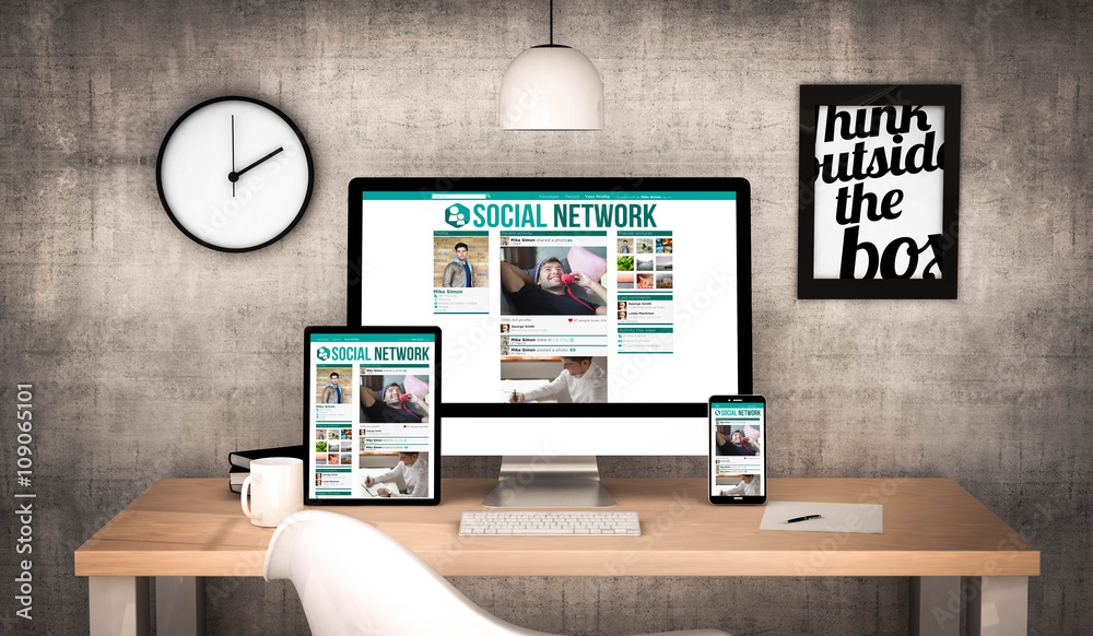 office workplace with social media devices collection office workplace with social media devices collection