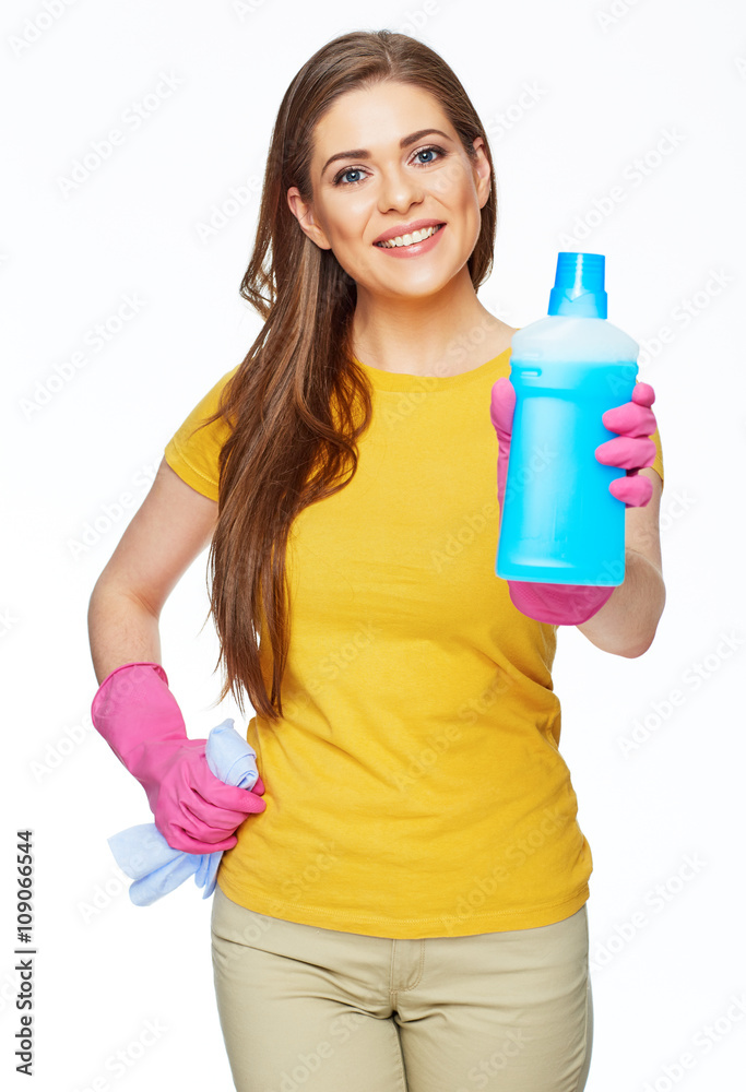 Cleaning fluid. Smiling woman hold blue bottle Cleaning fluid. Smiling woman hold blue bottle