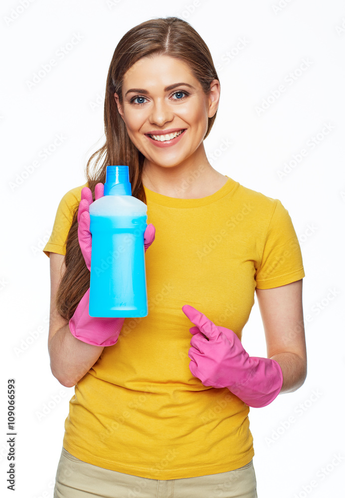 Cleaning fluid. Smiling woman hold blue bottle Cleaning fluid. Smiling woman hold blue bottle