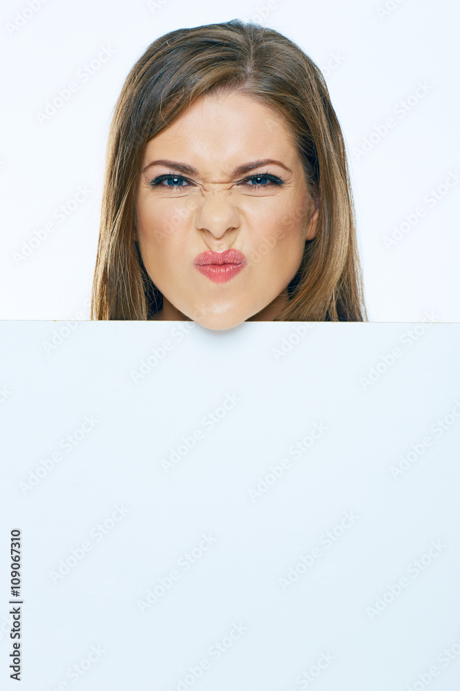 Woman face with board. Close up emotional portrait.