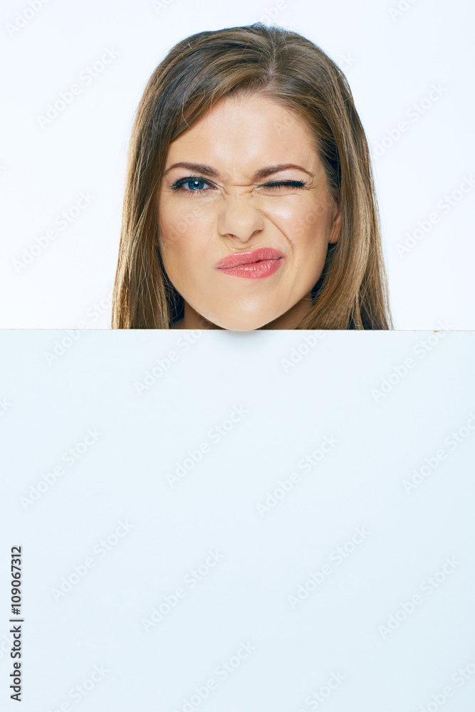 Woman face with board. Close up emotional portrait. Woman face with board. Close up emotional portrait.