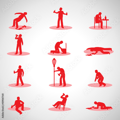 Drunk Man Icons Set - Isolated On Gray Background - Vector Illustration, Graphic Design. Drunkenness Concept