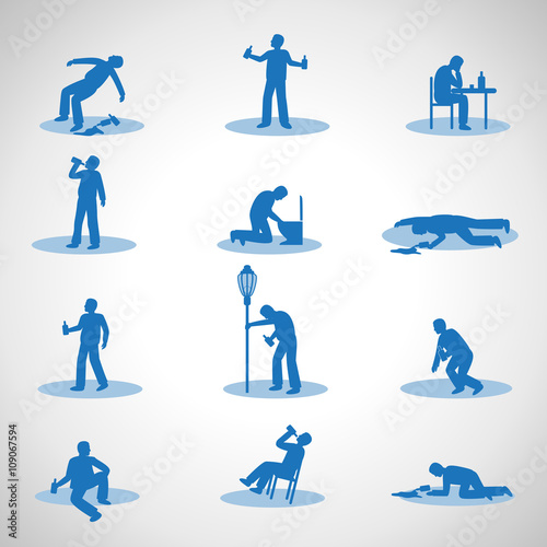 Drunk Man Icons Set - Isolated On Gray Background - Vector Illustration, Graphic Design. Drunkenness Concept