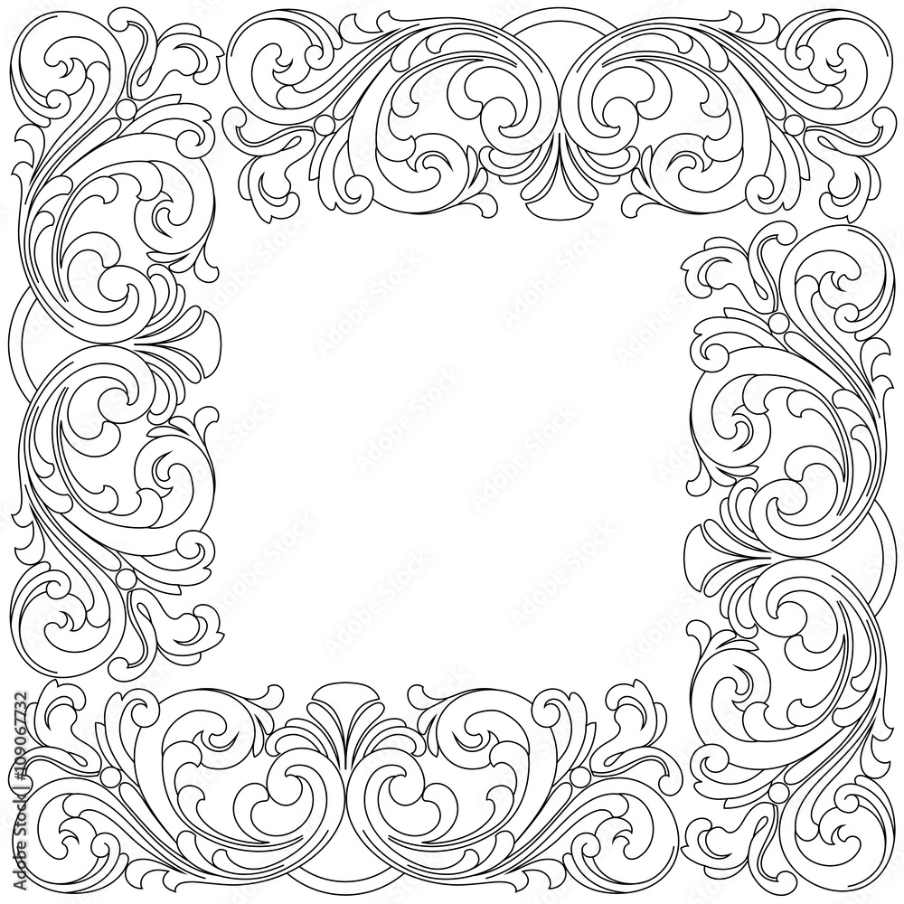 Vintage baroque frame scroll ornament engraving border floral retro pattern antique style acanthus foliage swirl decorative design element filigree calligraphy vector. Damask style