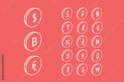 Vector icon set with symbols of world currencies on red background photo