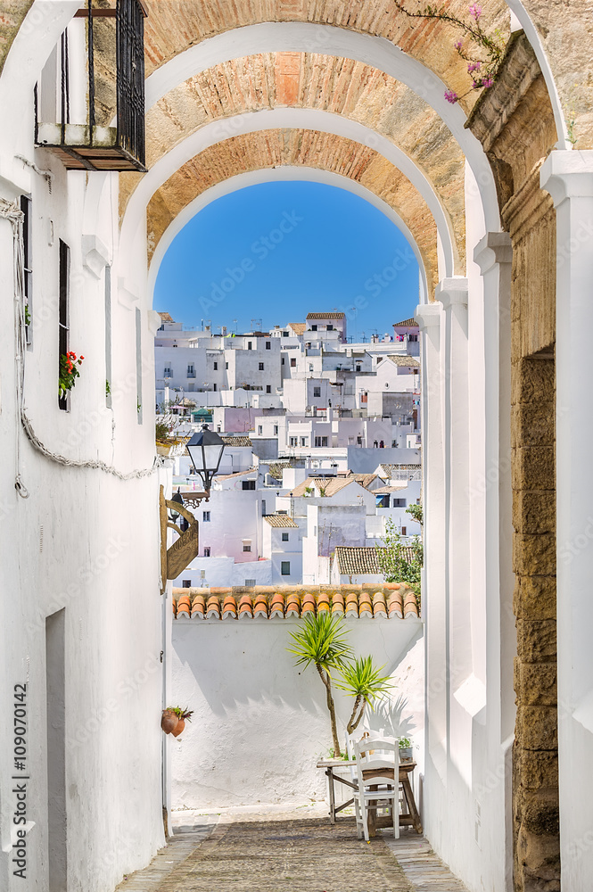 Picturesque street of Andalusian village, Vejer de la Frontera, - obrazy, fototapety, plakaty 