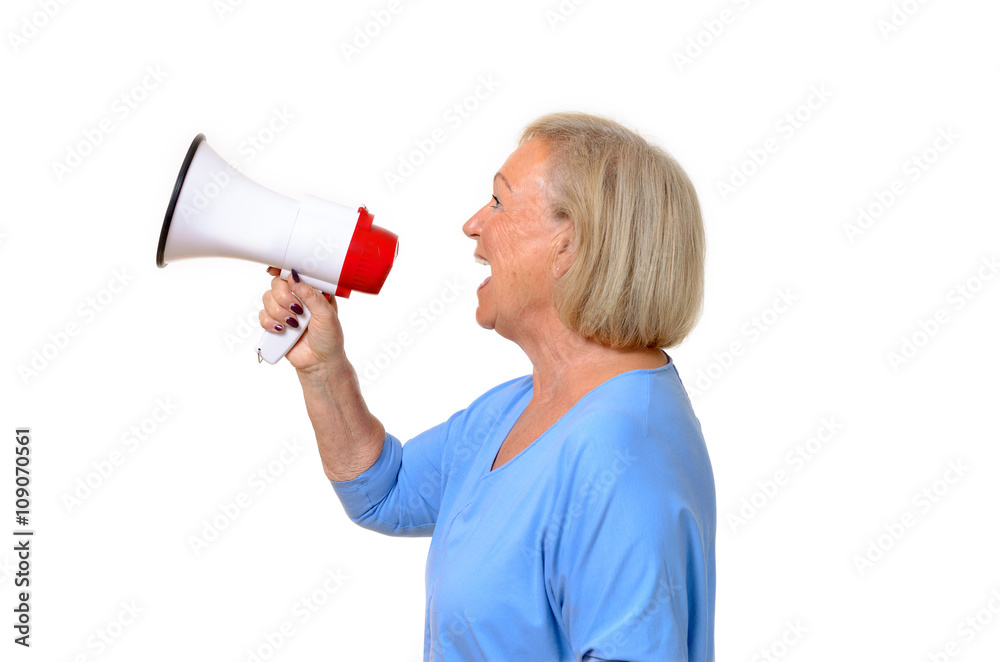 Profile of a senior woman using a megaphone Profile of a senior woman using a megaphone