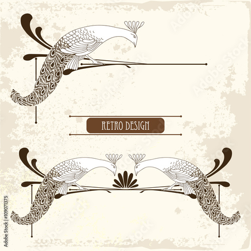 Vector illustration of hand-drawing vintage peacock with lines on the textured beige background. Horizontal vignette in Art Nouveau or Modern style for decoration. Retro design with bird.