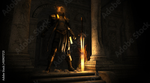 Paladin warrior with flaming sword