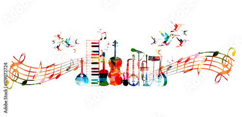 Colorful music instruments background with hummingbirds