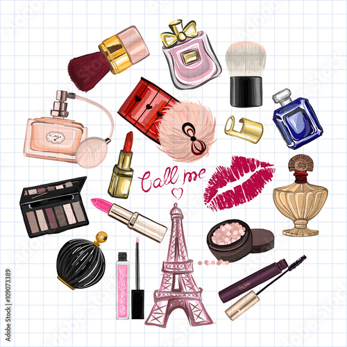 Hand drawn images Cosmetics and Perfume