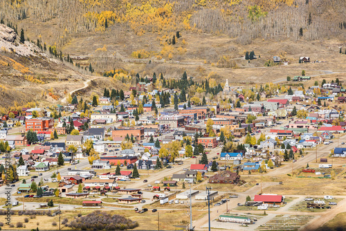 Aerial view of Silverton, Colorado in the fall