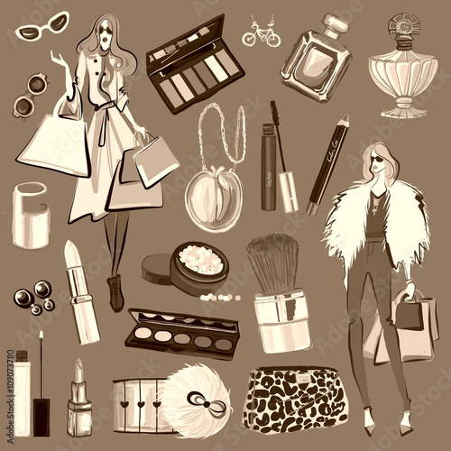 Hand drawn images Cosmetics and Perfume