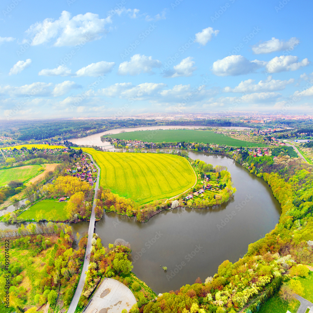Amazing view to Czech Valley Reservoir in The Litice suburban district of Pilsen. Aerial view to spring landscape in Czech Republic, Central Europe. 