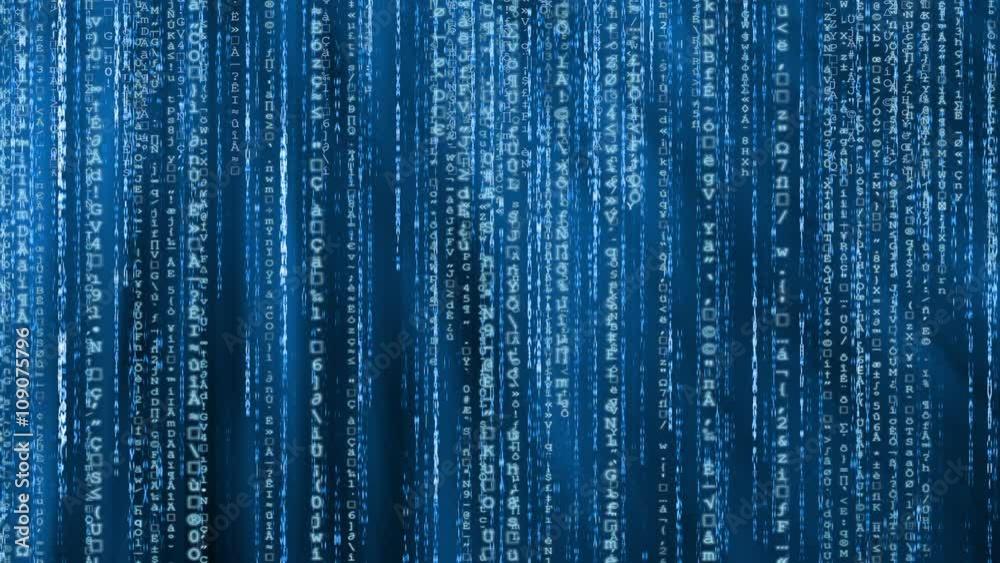 Blue animated matrix background, computer code with symbols and characters.