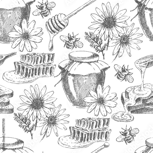 vector honey seamless pattern. hand drawn jar, spoon, stick, cells, camomile. ink sketch of organic nature products