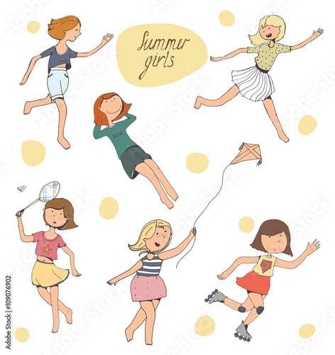 Vector illustration, set of cute young girls playing outdoors, doing sports and activity - badminton, catch-up, rolling, running a kite, laying down. Isolated on white positive characters, smiling.