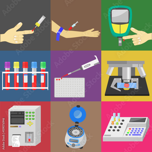 Blood test with blood sampling and medical equipment. Color vector icons set