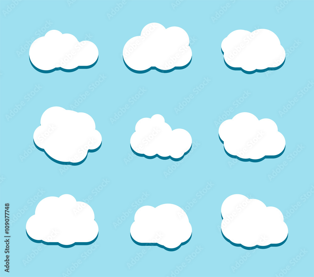 Set of blue sky, clouds. Cloud icon, cloud shape. Set of different clouds. Collection of cloud icon, shape, label, symbol. Graphic element vector. Vector design element for logo, web and print