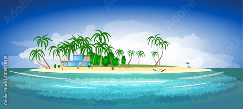 Tropical island and resort with palm trees and beach