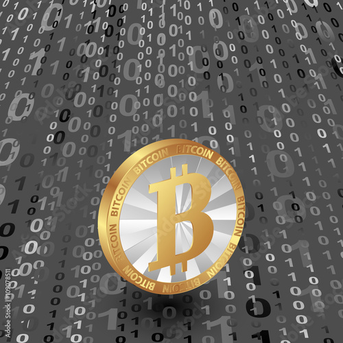 bitcoin on background with numbers 0 and 1