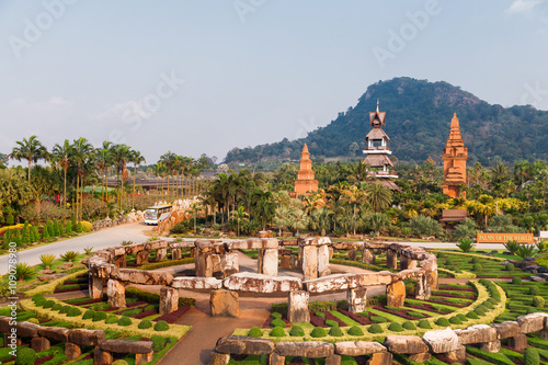 Nong Nooch Tropical Garden in Pattaya  Thailand. Panorama landscape view of formal garden.