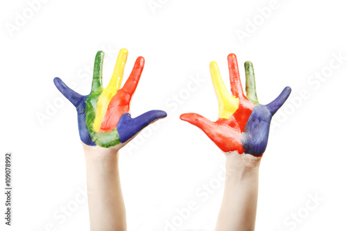Boy hands painted isolated on white