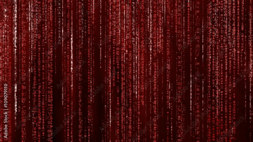 Red animated matrix background, computer code with symbols and characters.