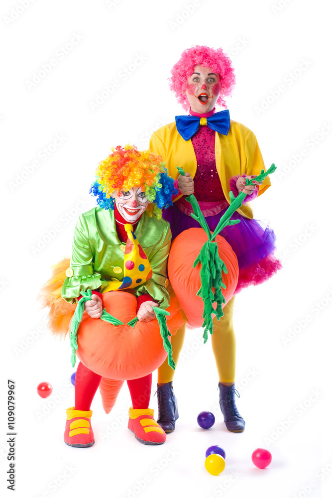 two funny colorful clown fooling around on a white background two funny colorful clown fooling around on a white background
