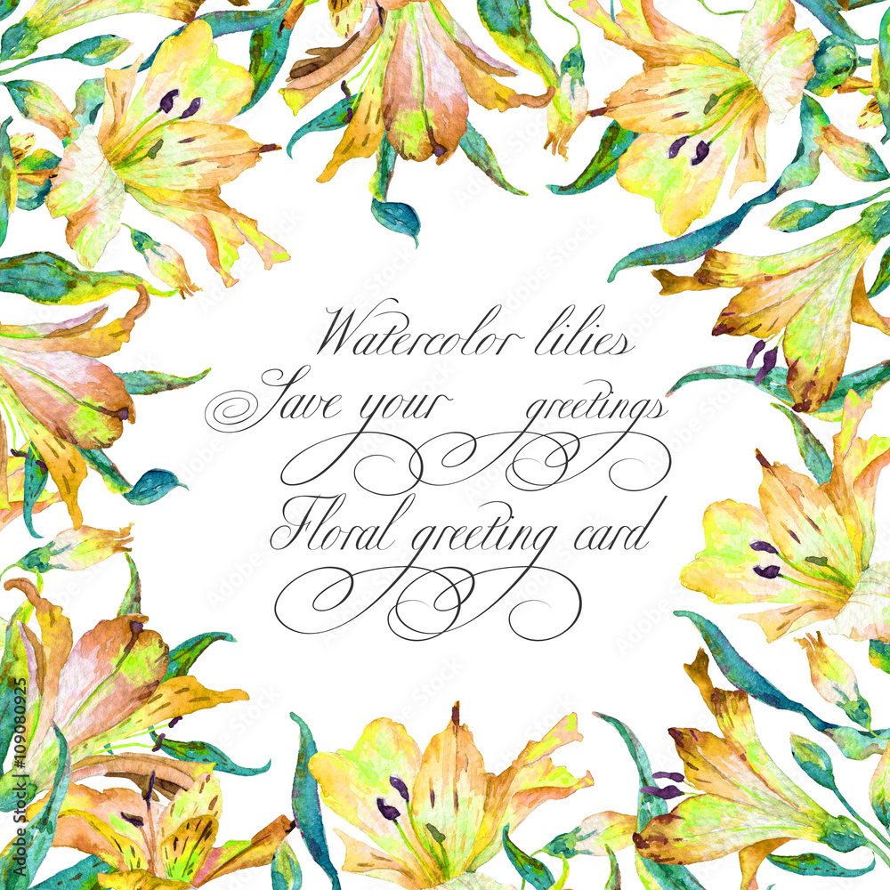 Frame with yellow watercolor lilies. This background can be used as greeting card, template for invitation card and so on.