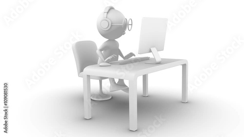 3d white character with glasses reading and typing on computer. Isolated on white, seamless, included alpha channel