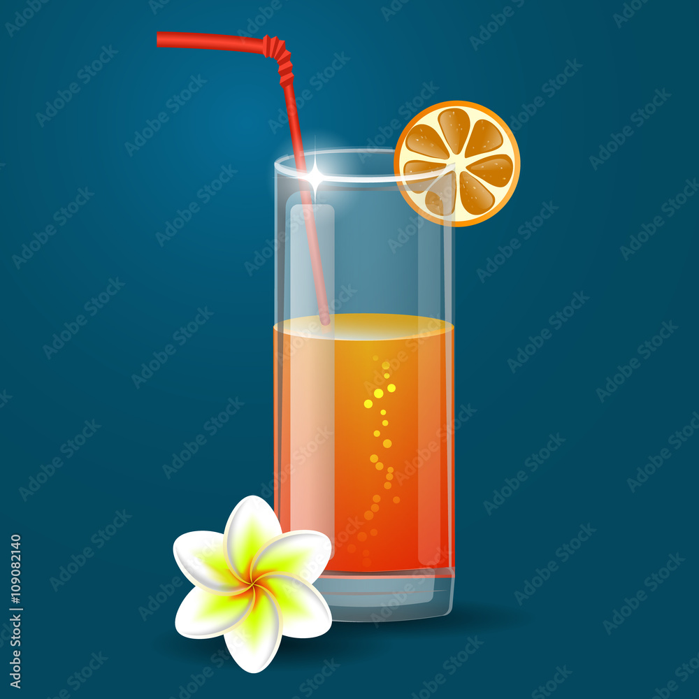 Fresh orange juice with plumeria flowers 