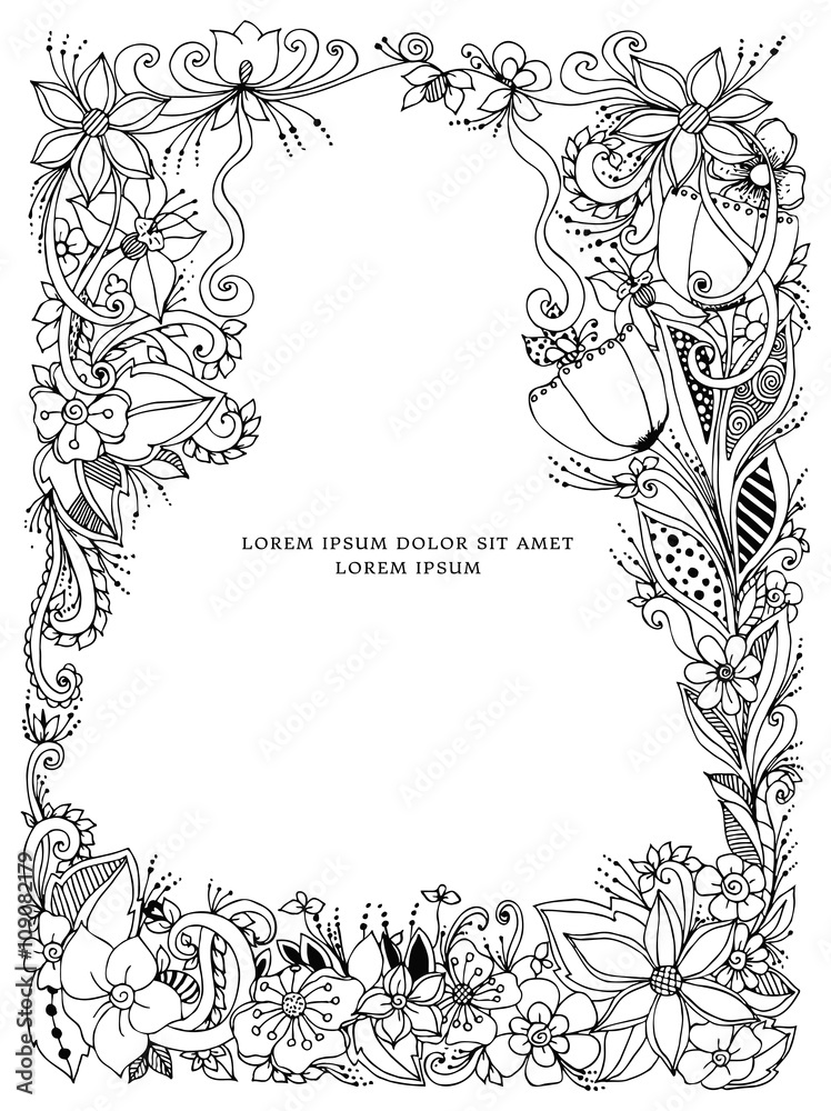 Vector illustration of floral frame, doodling. Zenart, doodle, flowers, butterflies, delicate, beautiful. Black and white. Adult coloring books