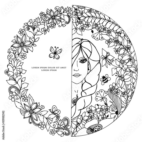 Vector illustration zentangl woman in a round frame with flowers. The girl, circle, doodle portrait zenart bee, butterfly. Coloring for adult anti-stress. Adult coloring books.