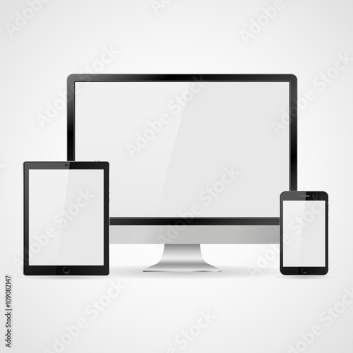 Set of realistic computer monitor, laptop, tablet and mobile phone with empty white screen. Various modern electronic gadget isolated on white background. Vector illustration