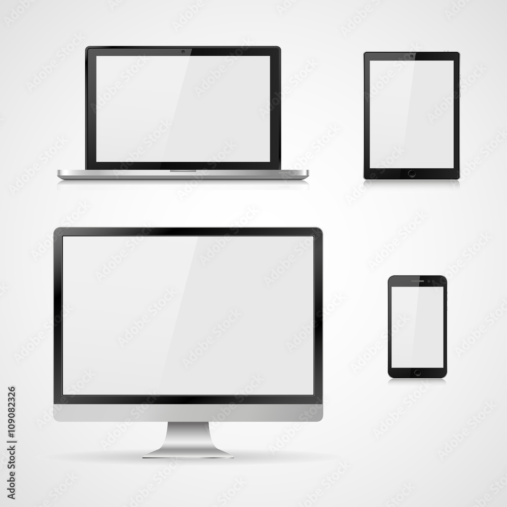 Set of realistic computer monitor, laptop, tablet and mobile phone with empty white screen. Various modern electronic gadget isolated on white background. Vector illustration Set of realistic computer monitor, laptop, tablet and mobile phone with empty white screen. Various modern electronic gadget isolated on white background. Vector illustration