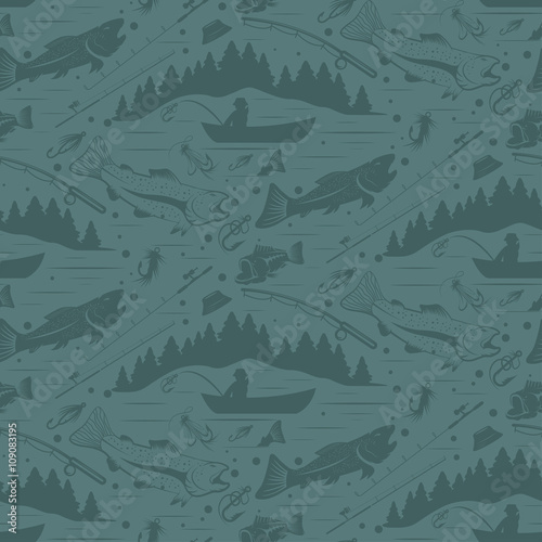 Seamless pattern for fishing theme. With fish,fishman,lure,rod a