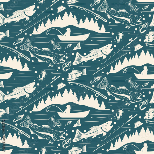 Seamless pattern for fishing theme. With fish,fishman,lure,rod a