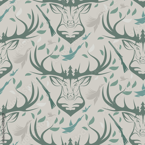 Seamless pattern for hunting theme. With deer, duck, gun, bird a