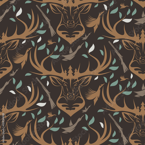 Seamless pattern for hunting theme. With deer, duck, gun, bird a